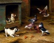 埃德加亨特 - Puppies And Pigeons Playing By A Kennel